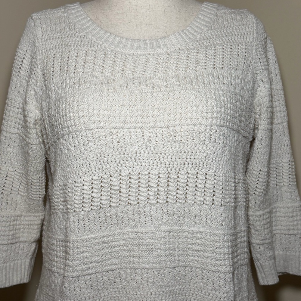 L.L.Bean Womens Sweater Large Ivory Cotton Knit 3/4 Sleeve Textured Crewneck